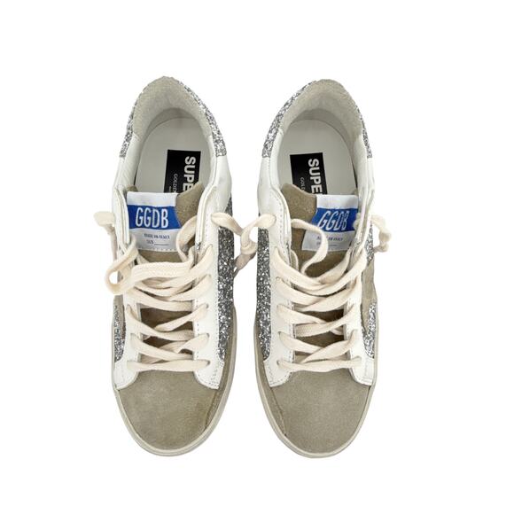 GOLDEN GOOSE Super-Star Silver Glitter Sneakers in Silver, White, & Taupe 37 - Picture 4 of 14